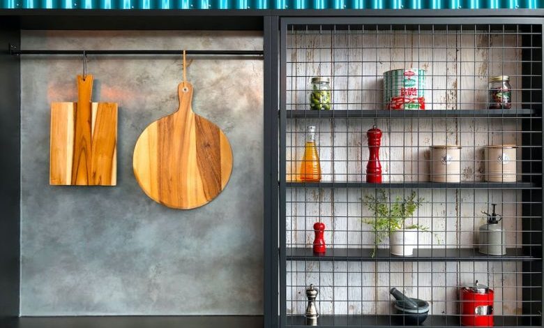 Kitchen Layout - two hanging brown wooden boards