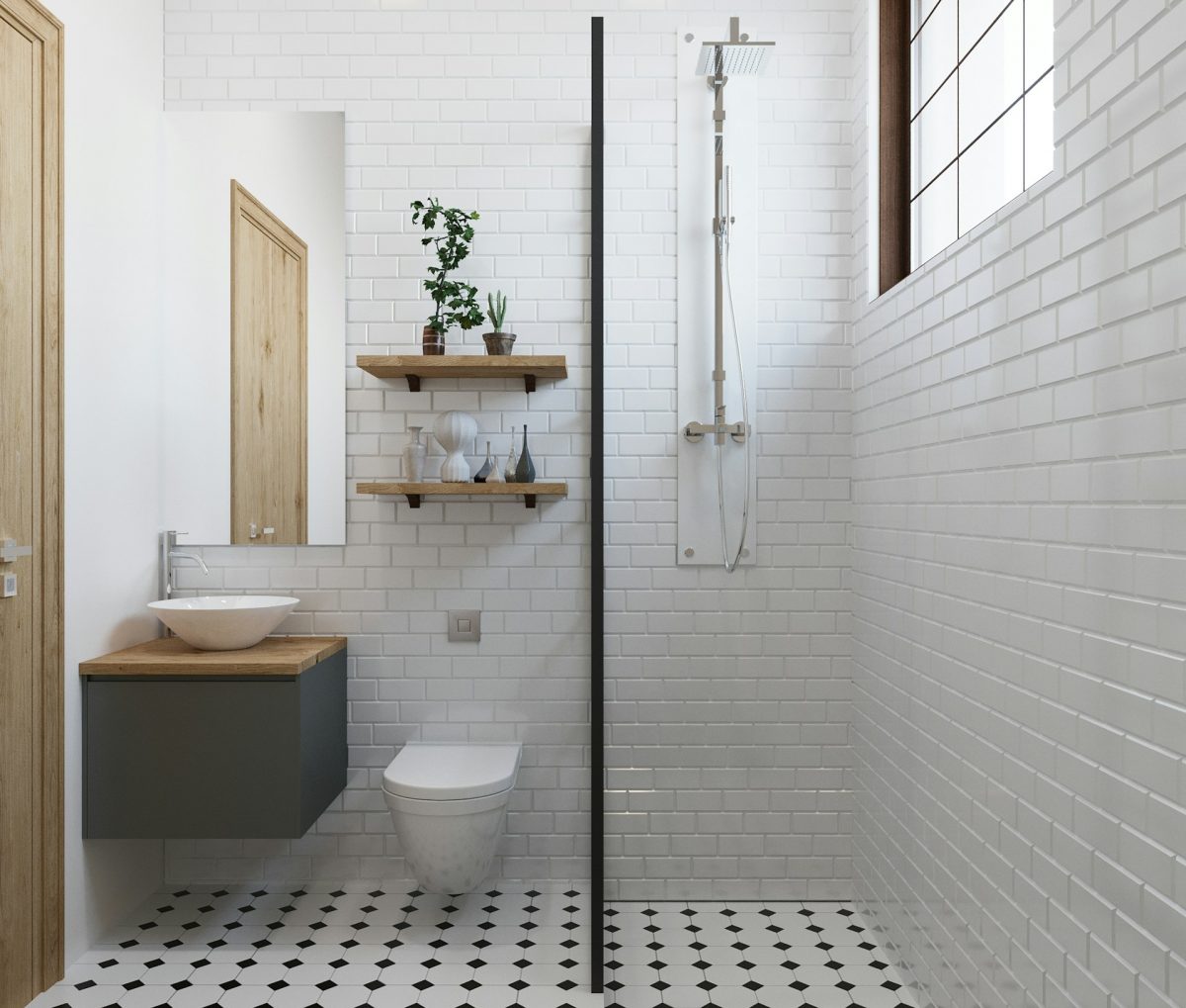 a-bathroom-with-a-black-and-white-checkered-floor